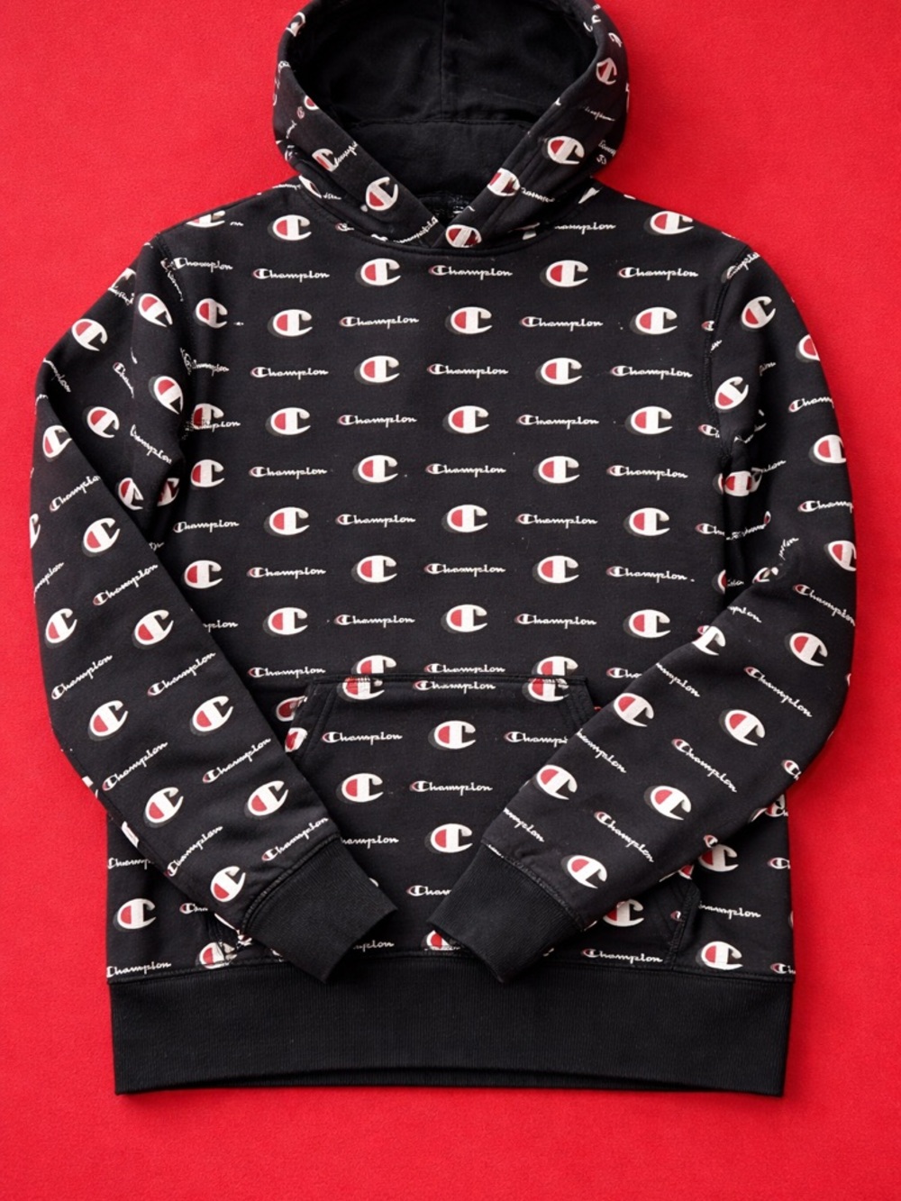 Champion Black Hoodie with White & Red Logo Print